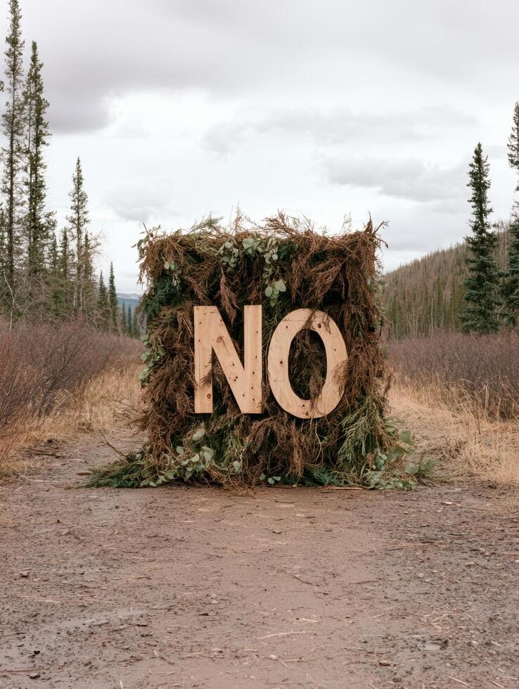 Wooden NO sign in a forest environment photo