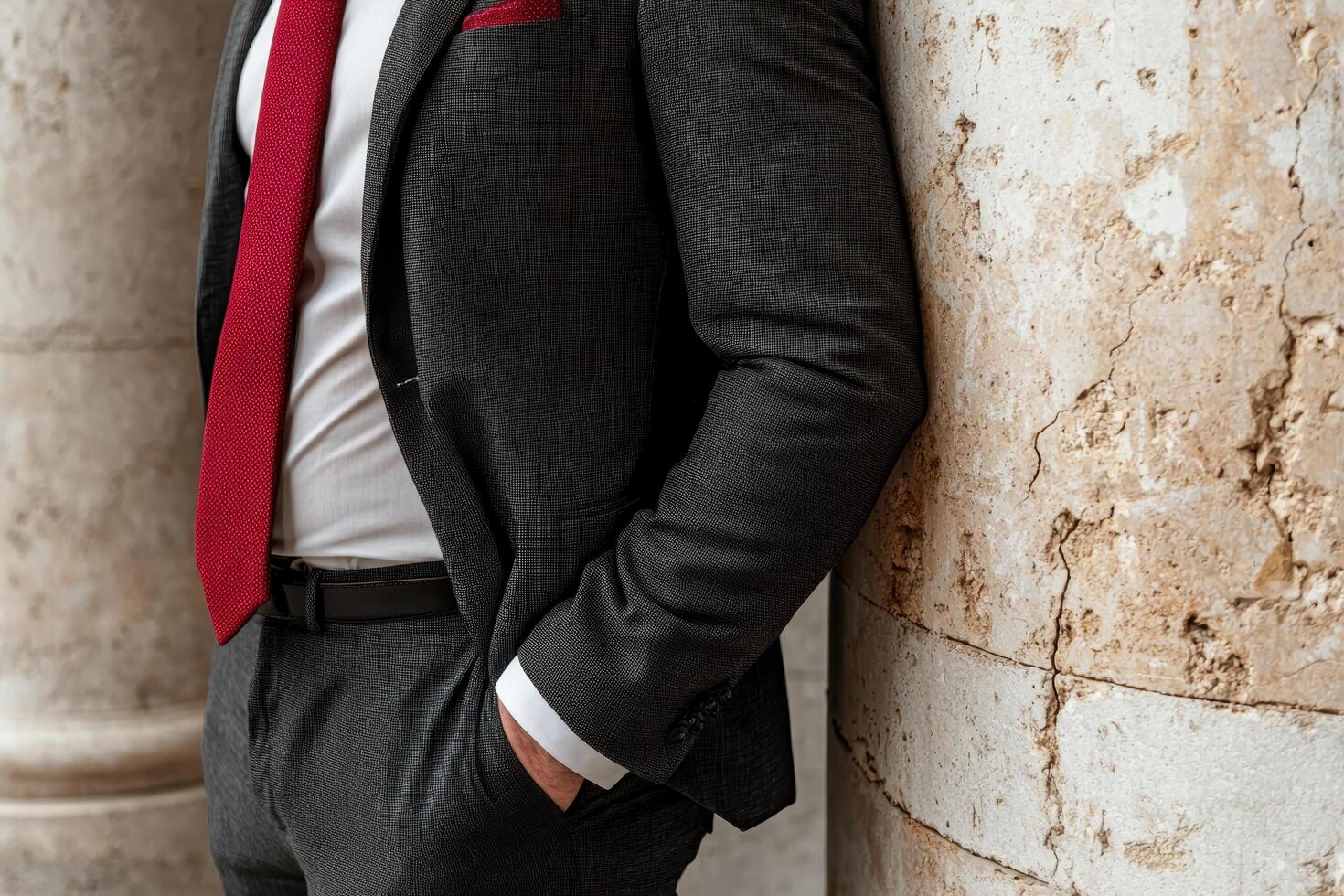 A man in a suit with a red tie stands next to a textured wall photo