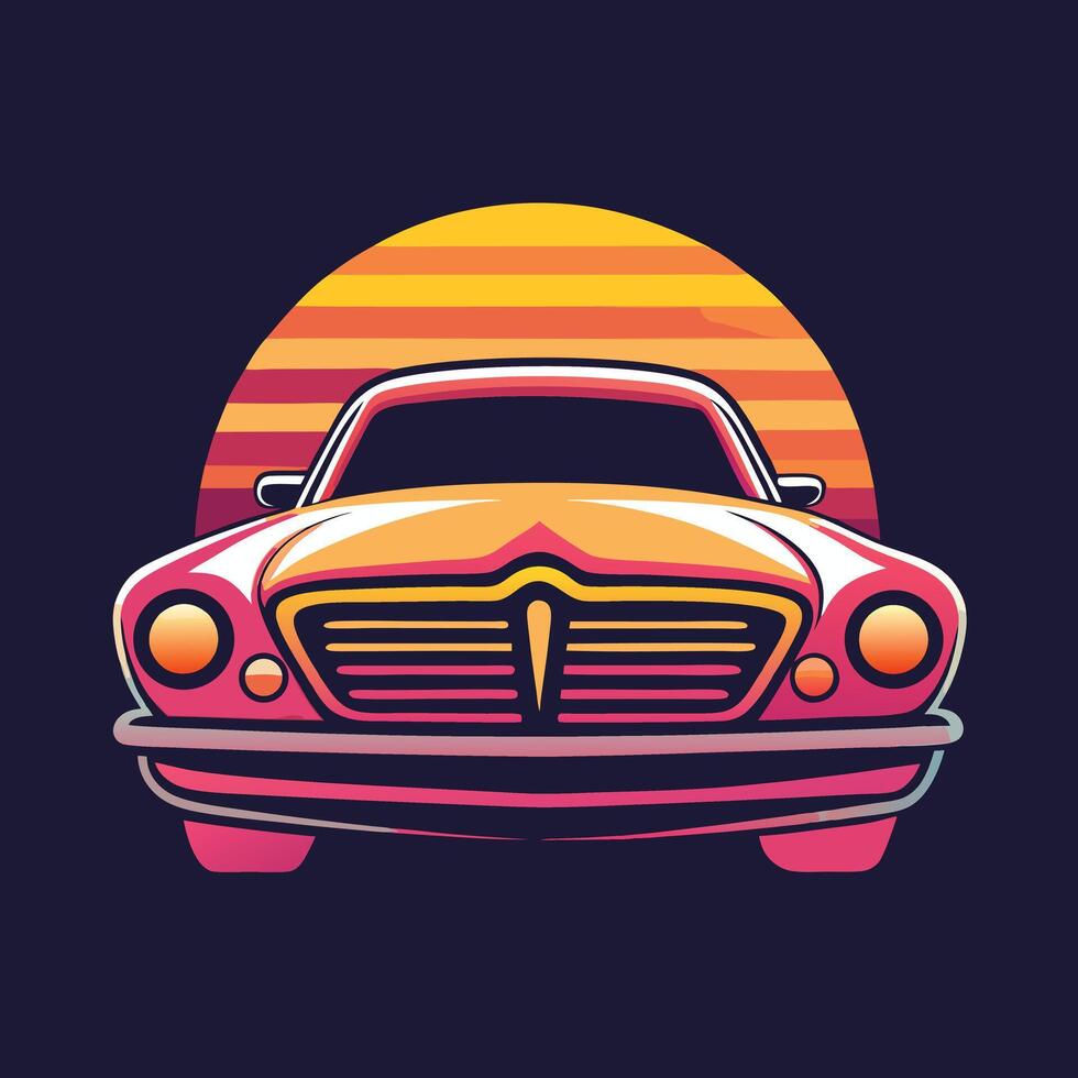 Retro Car Illustration With Sunset Background vector