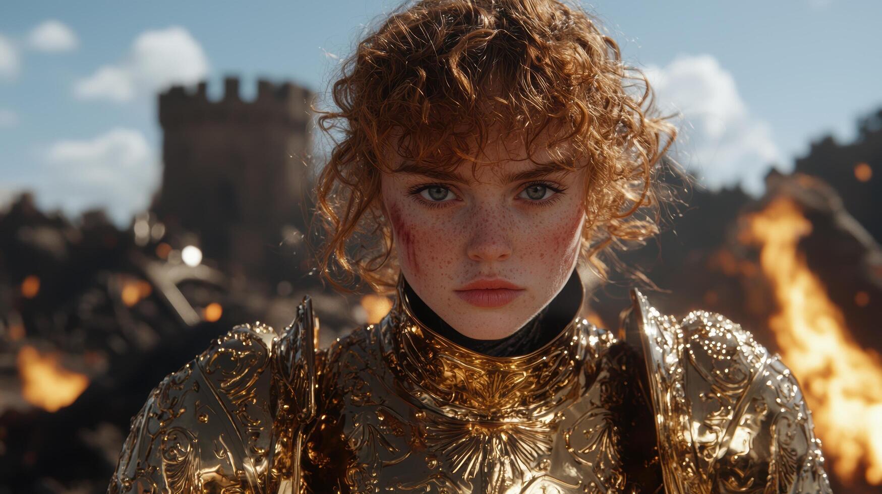 A young warrior in golden armor stands amidst a battlefield photo