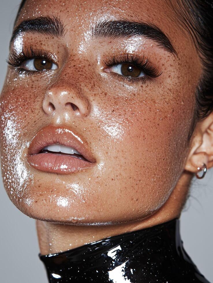 Close up of a womans face with dewy, glowing skin and freckles photo