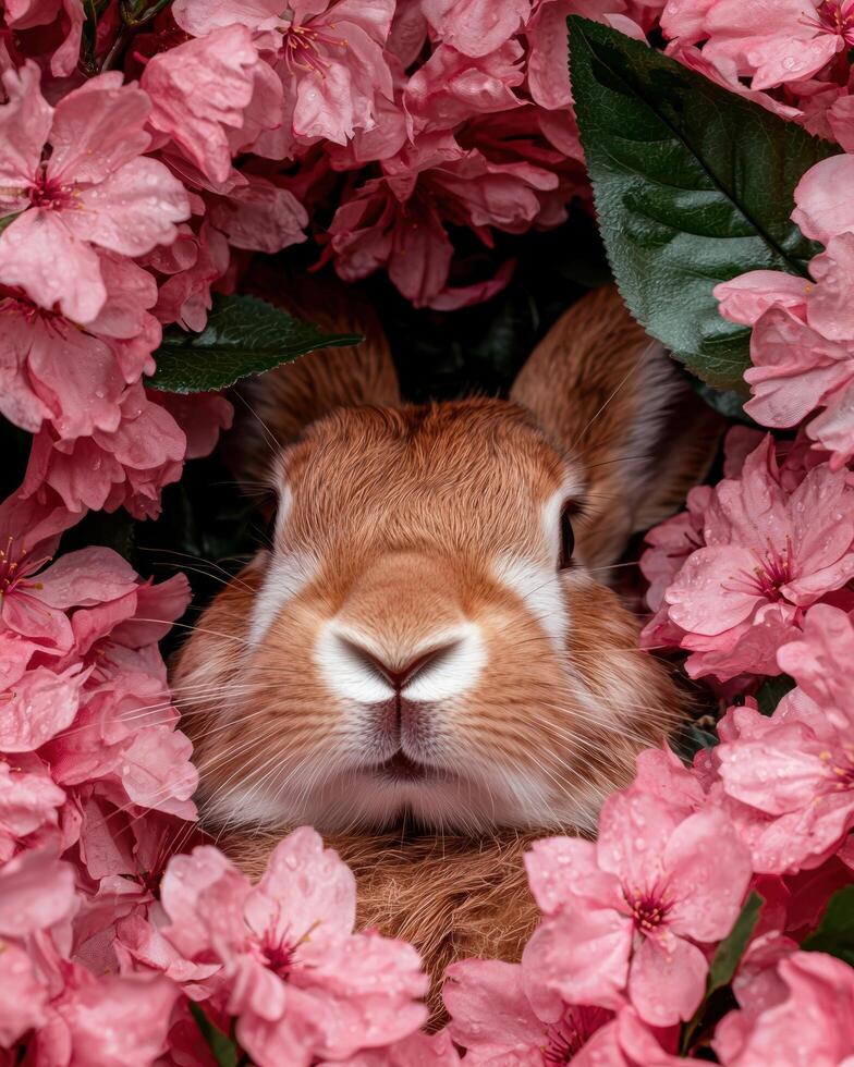 A cute rabbit surrounded by pink blossoms photo