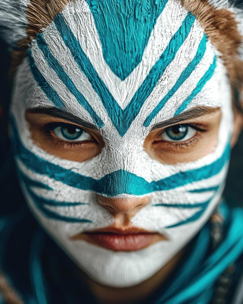 Close up of a person with blue and white face paint photo