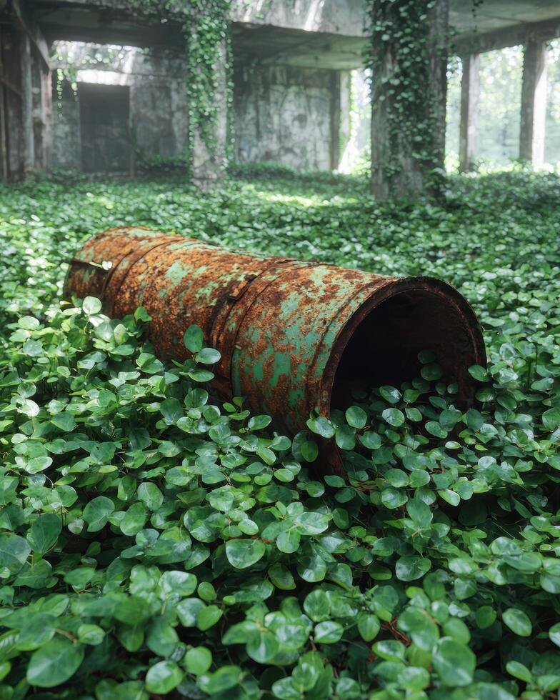 An old rusty barrel sits in an overgrown abandoned building photo