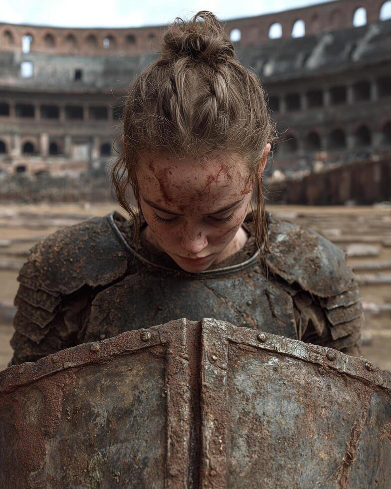 A female warrior stands guard with her shield in an arena photo