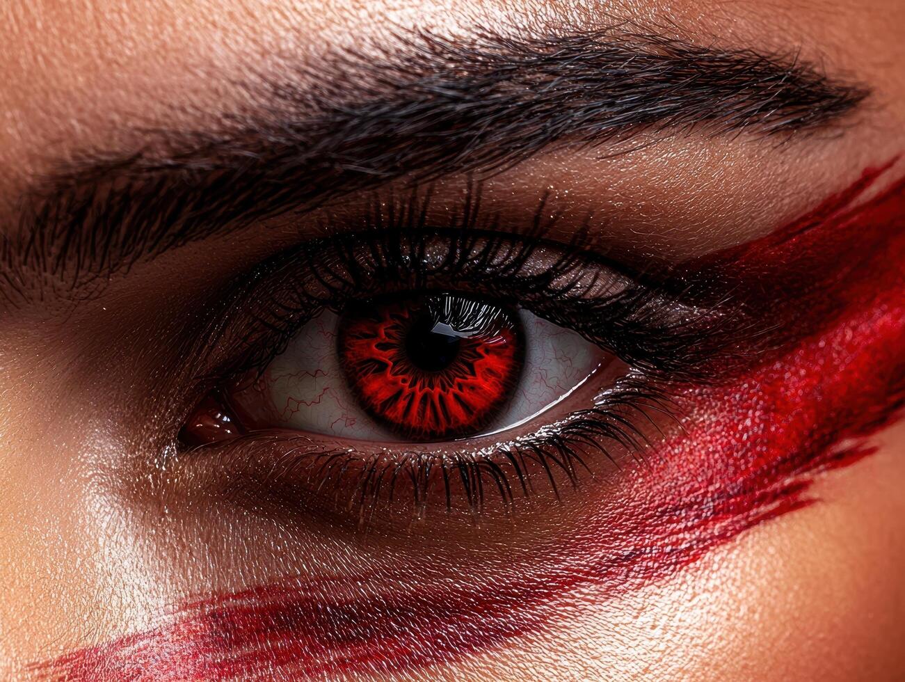 Close up of a womans eye with red makeup and a red contact lens photo