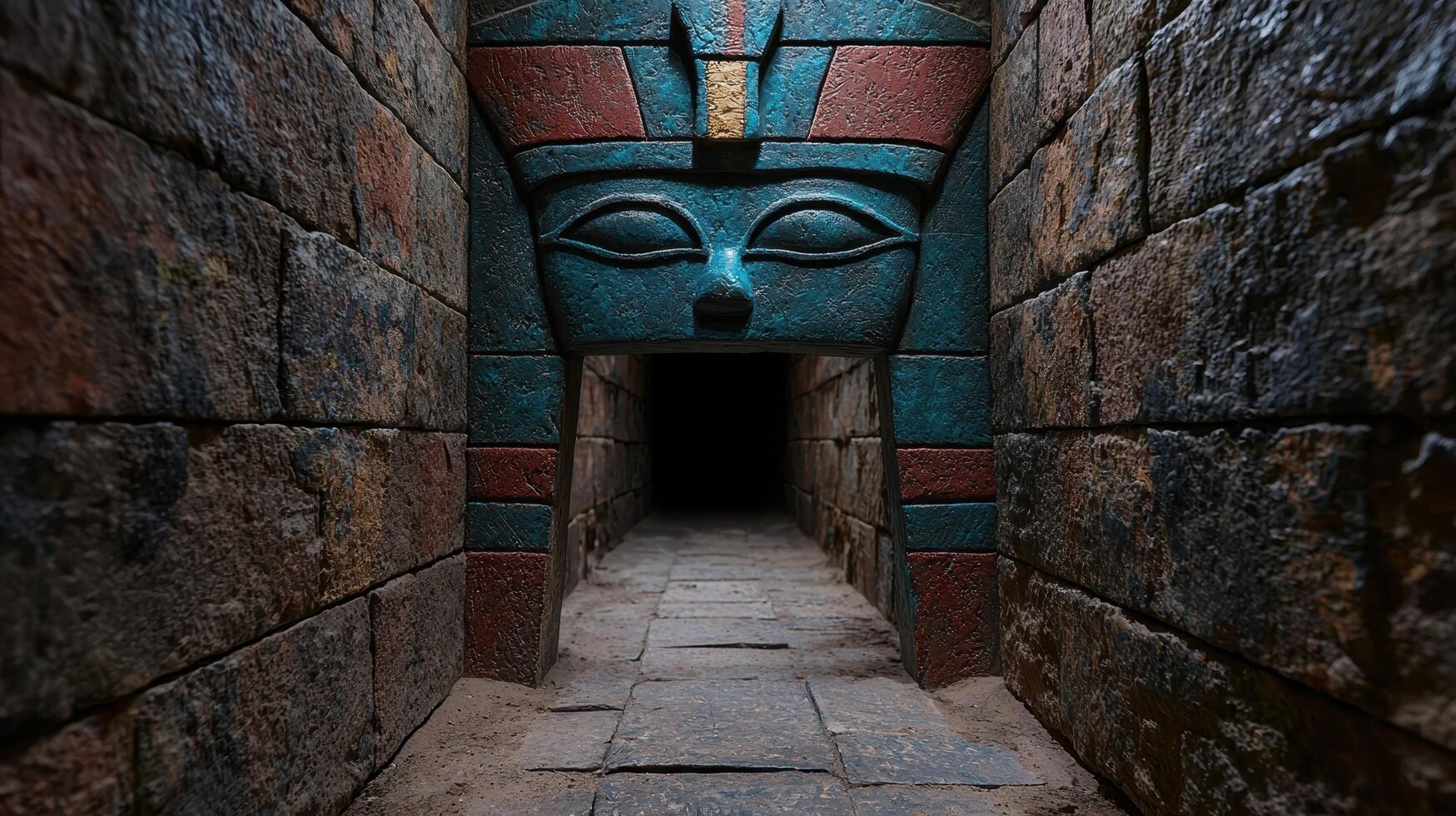 Ancient Egyptian tomb entrance with pharaoh head photo