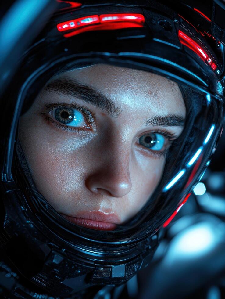 A woman in a futuristic astronaut helmet looks forward photo