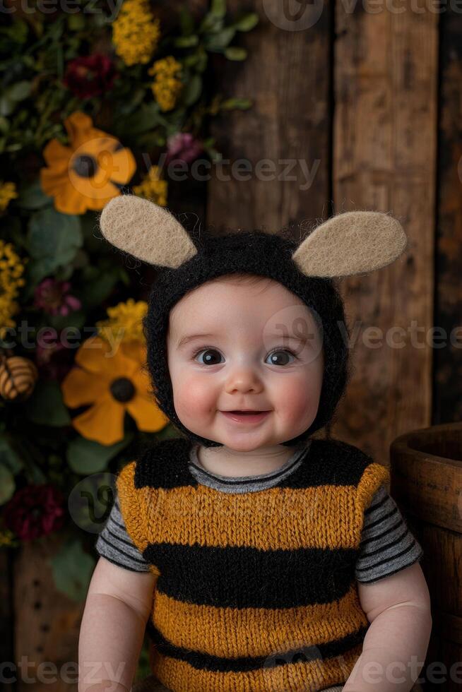 A cute baby dressed as a bee smiles at the camera photo