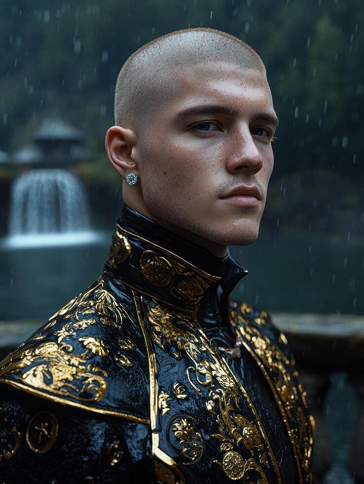 A man in ornate clothing stands in the rain near a waterfall photo