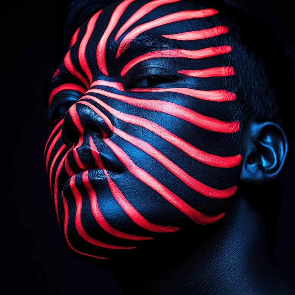 Person with striking red and black face paint design photo