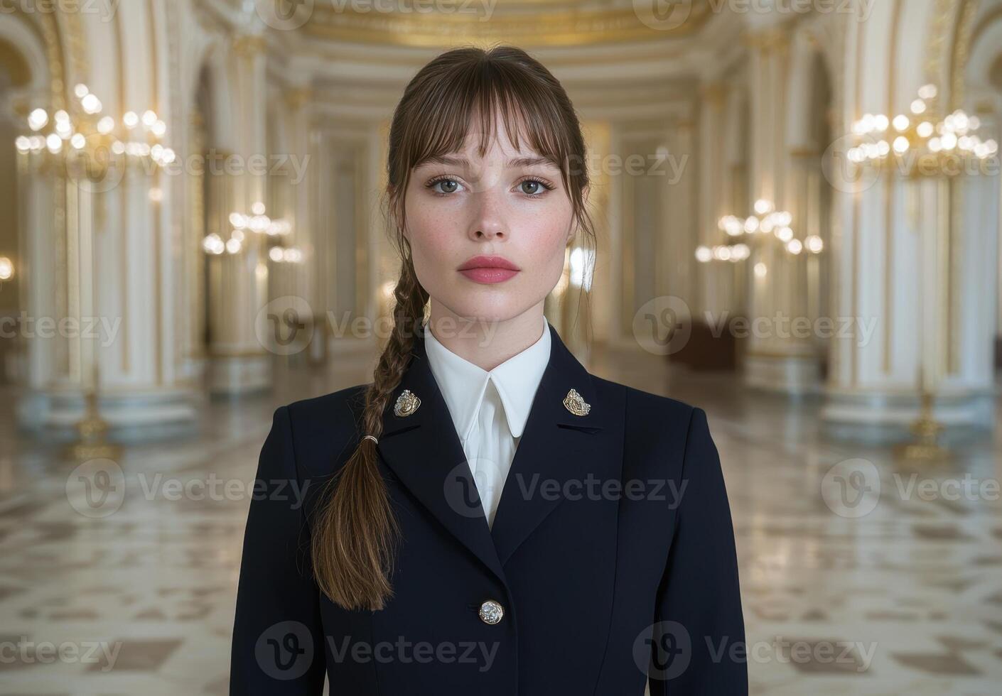 A woman in a formal suit stands in a grand hall photo