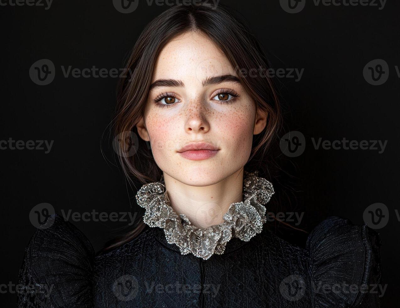 Portrait of a woman with freckles wearing a lace collar photo