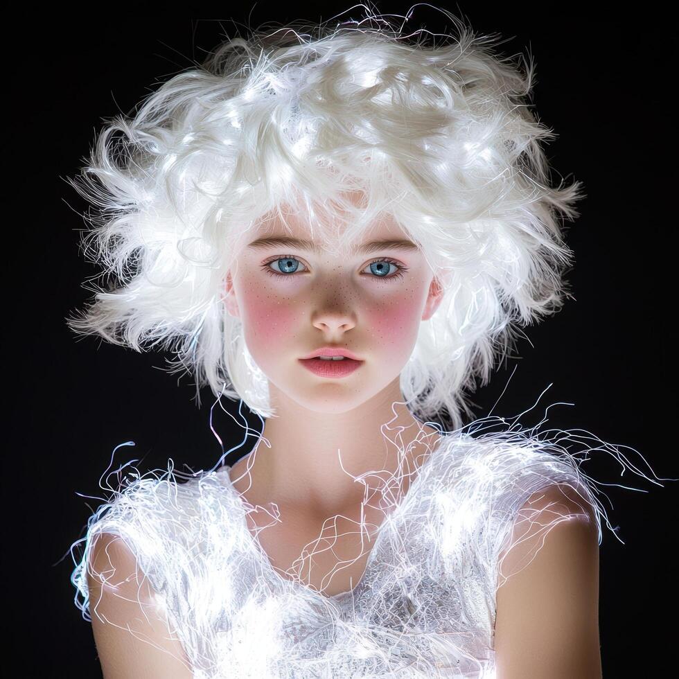 A young girl with glowing white hair and dress in a dark studio photo