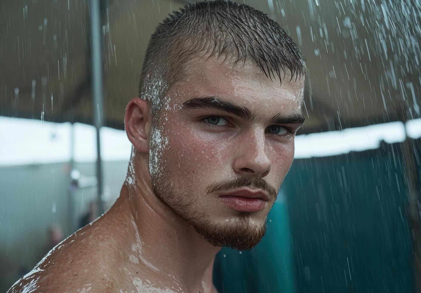 A man with wet hair and blue eyes looks at the camera in the rain photo