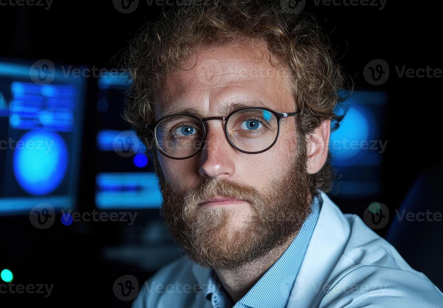 Scientist in a lab coat in front of computer screens photo