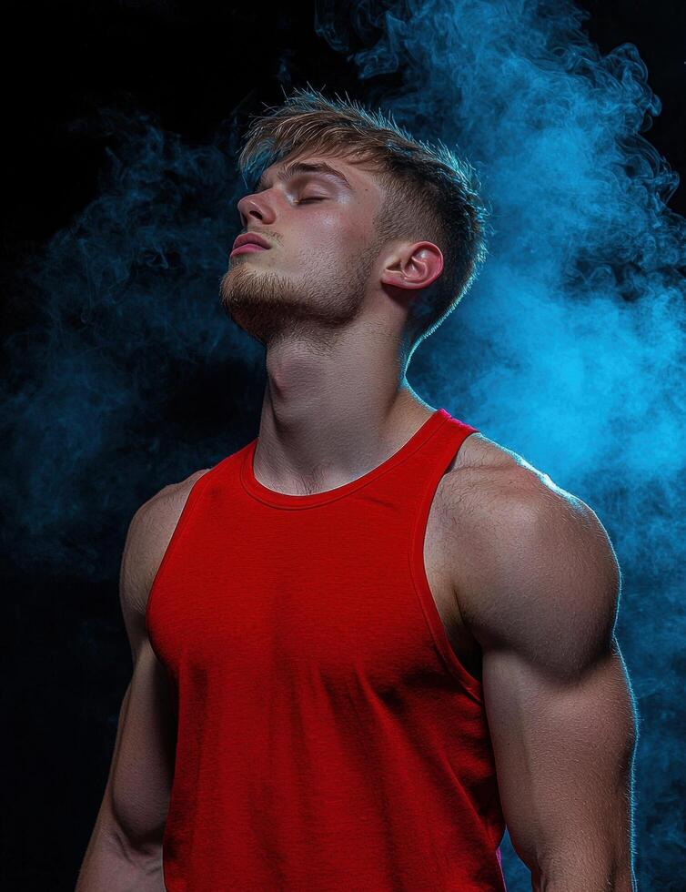 Muscular man in red tank top with eyes closed in smoky atmosphere photo