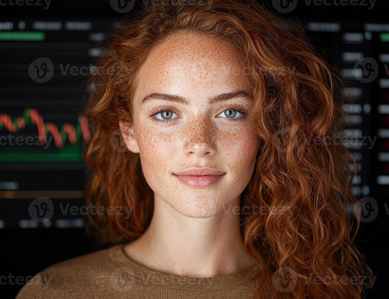 Young woman with freckles in front of a stock market data screen photo