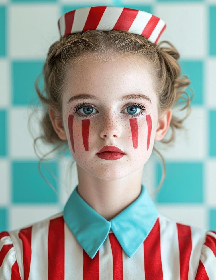 A young girl with red face paint and a striped outfit poses in front of a checkered background photo