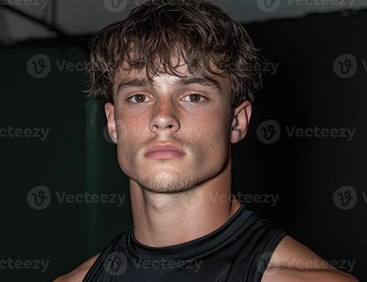 Portrait of a young man with freckles looking at the camera photo