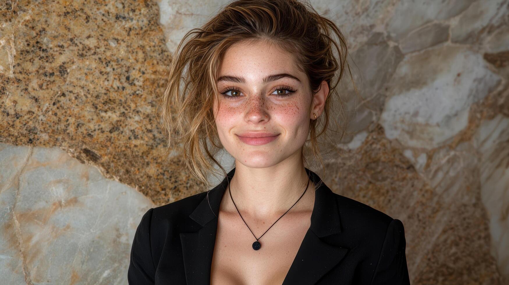 Portrait of a smiling woman with freckles wearing a black jacket photo