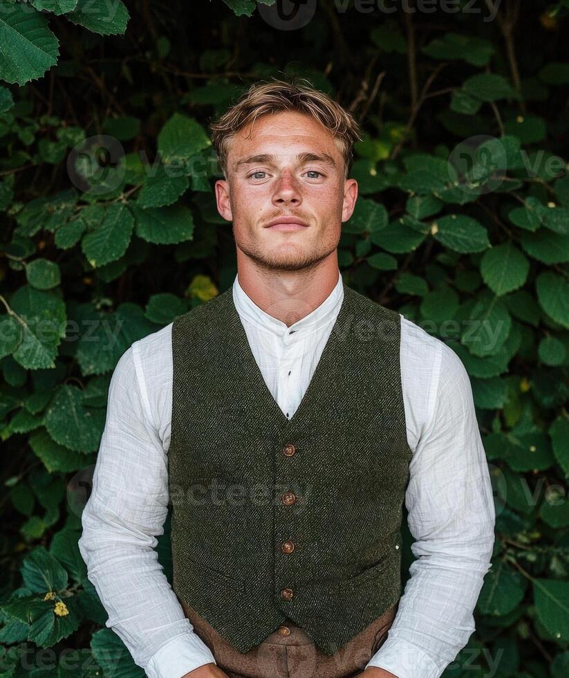 A handsome man in a vest stands in front of a leafy green background photo