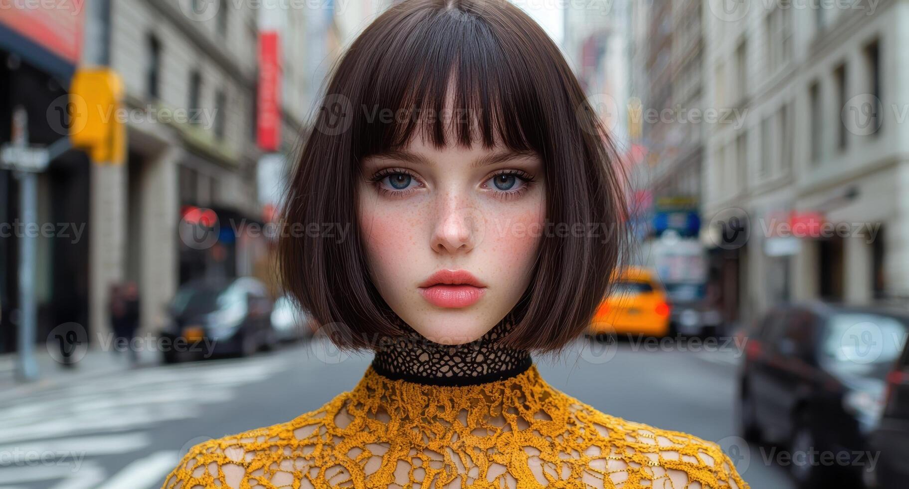 A woman with short brown hair and freckles stands on a city street photo