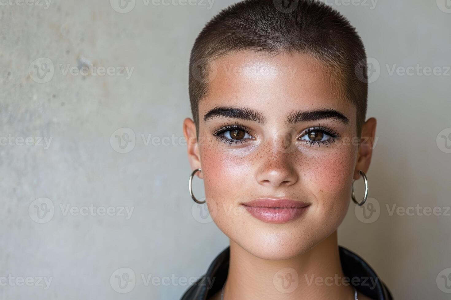 Close up portrait of a woman with a buzzcut and freckles photo