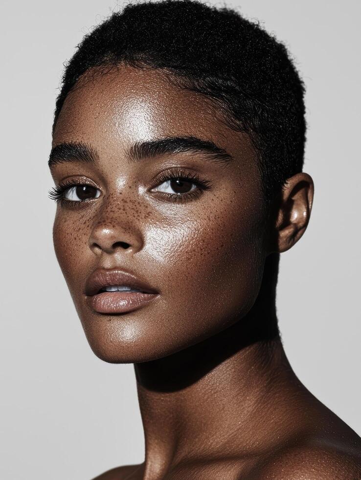 Close up portrait of a dark-skinned woman with freckles and glowing skin. photo