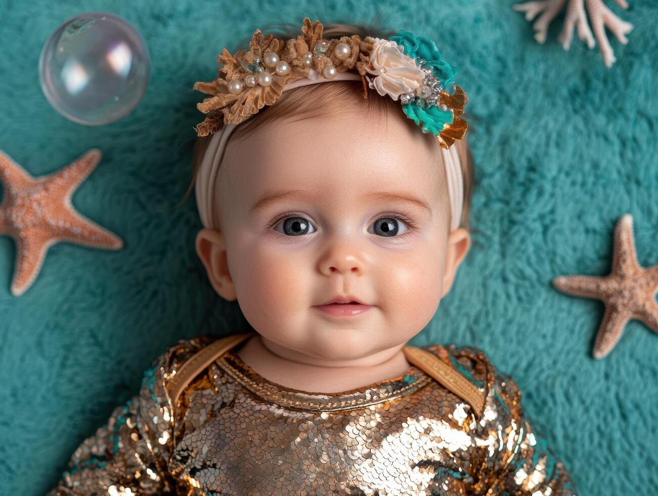 Adorable baby girl with headband lying on a blue blanket photo