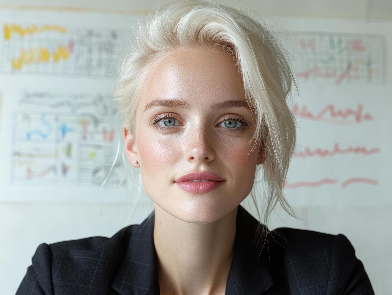 Businesswoman in a suit standing in front of a whiteboard with charts photo