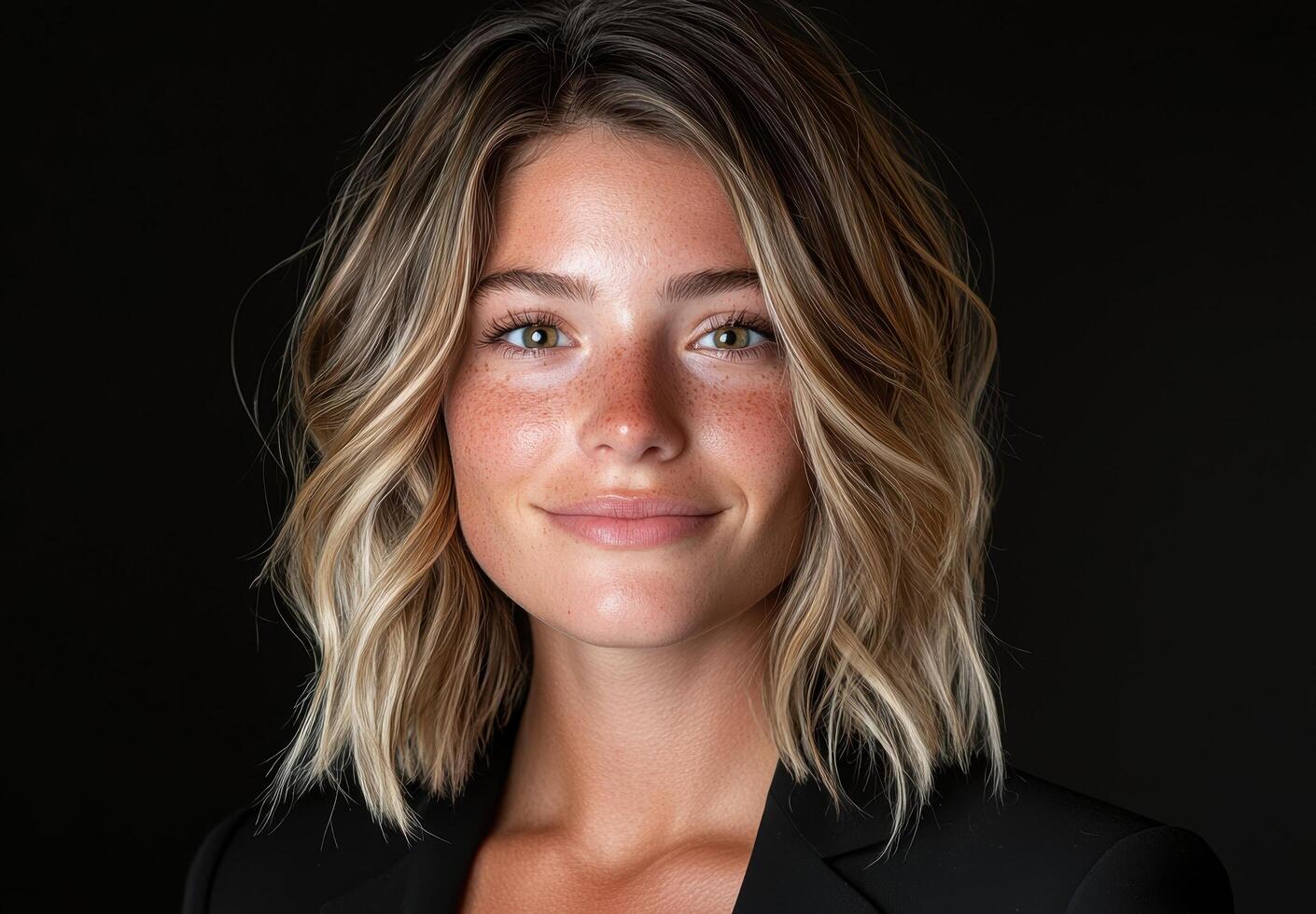 Portrait of a smiling woman with freckles and blonde hair. photo