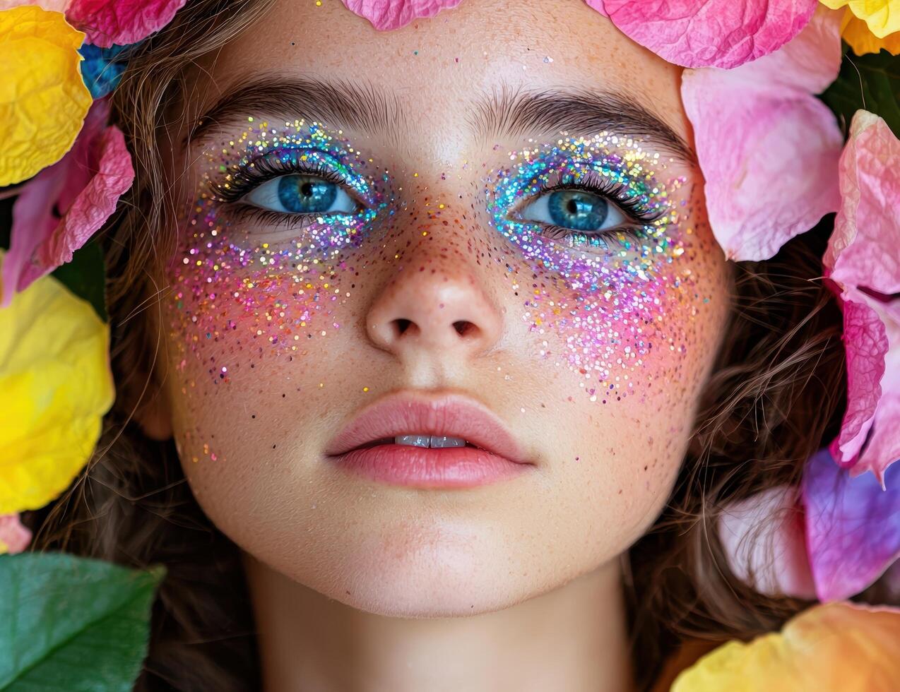 Close up portrait of a woman with glitter makeup and flowers photo