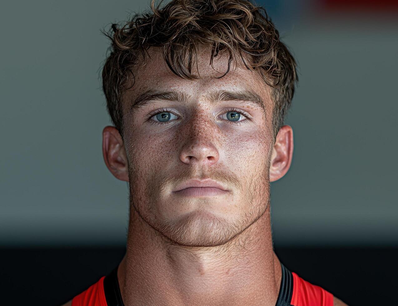 Close up portrait of a young man with blue eyes and freckles photo
