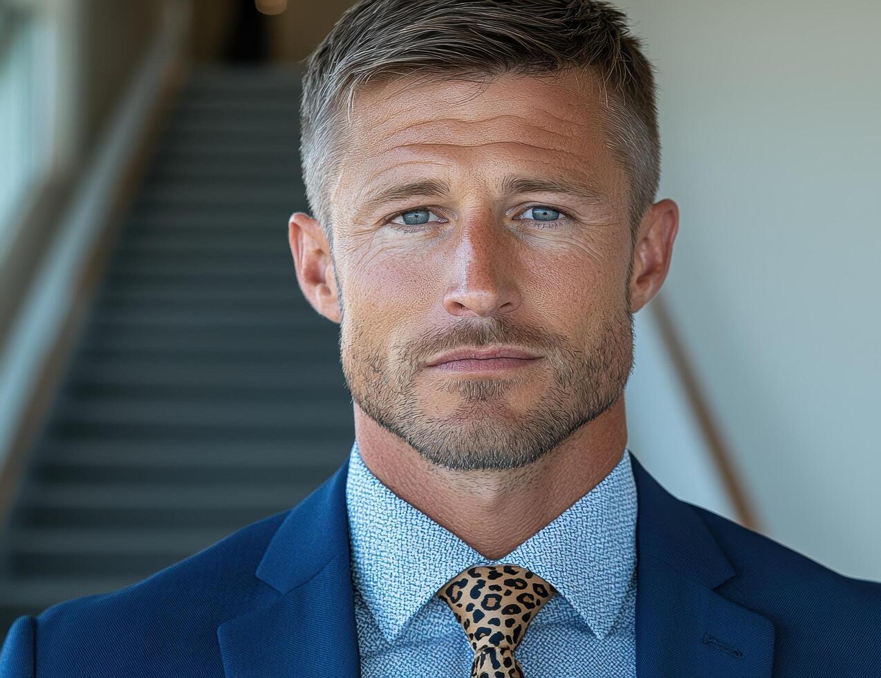 A handsome man in a suit stands confidently in a modern building photo