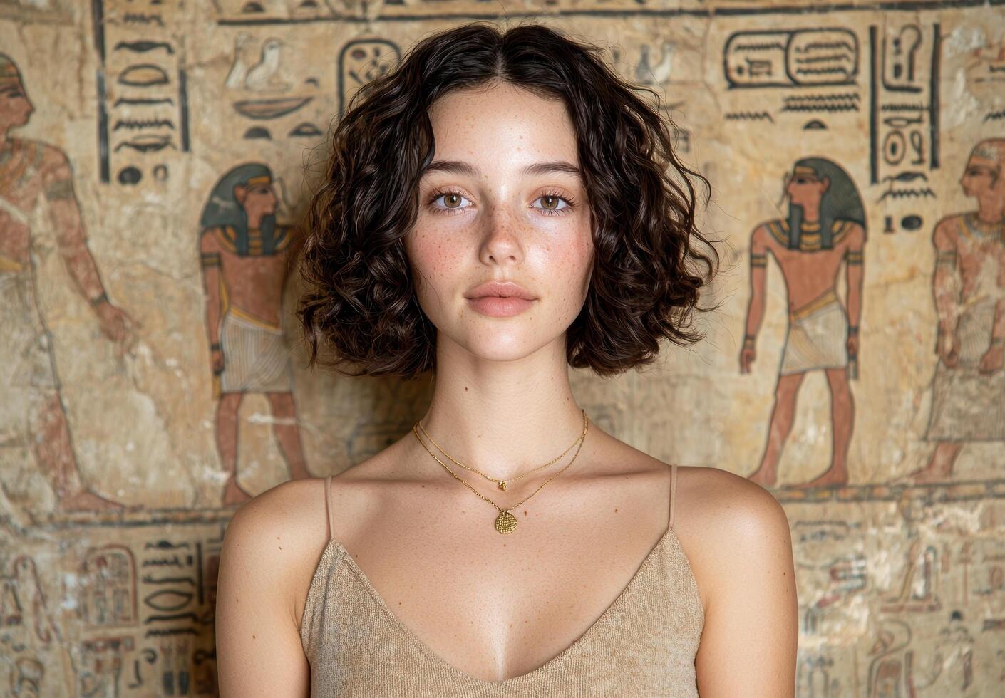 Portrait of a young woman with short curly hair wearing a necklace in front of an Egyptian mural photo
