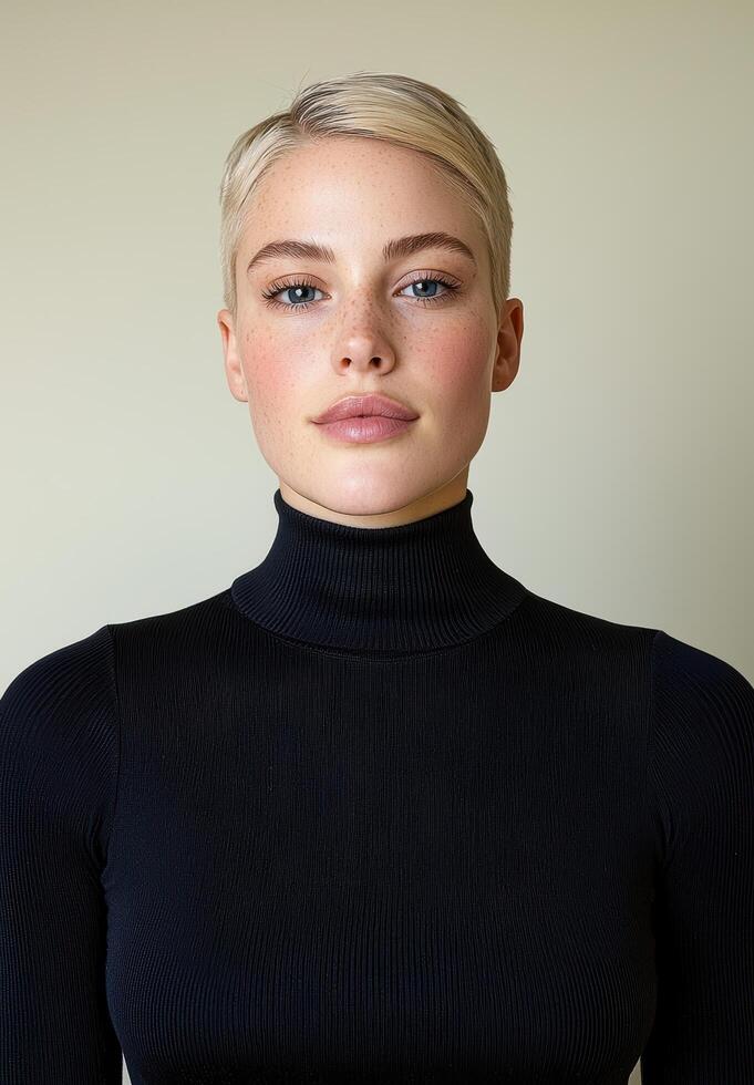 Close up portrait of a woman with freckles and a black turtleneck photo