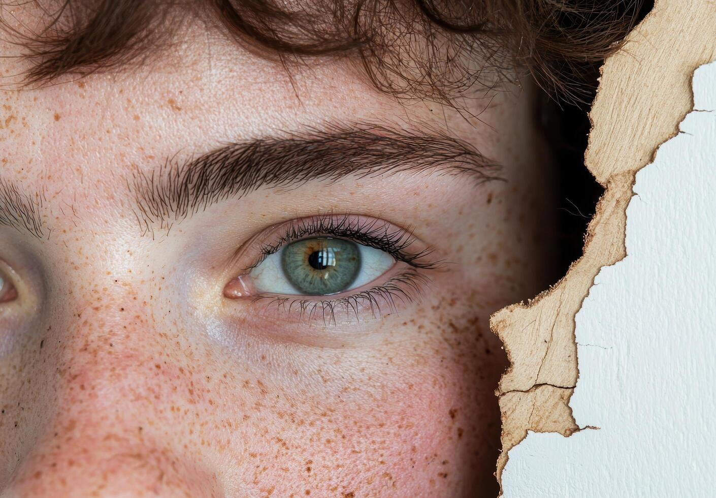 A close up of a persons eye peering through a torn paper photo