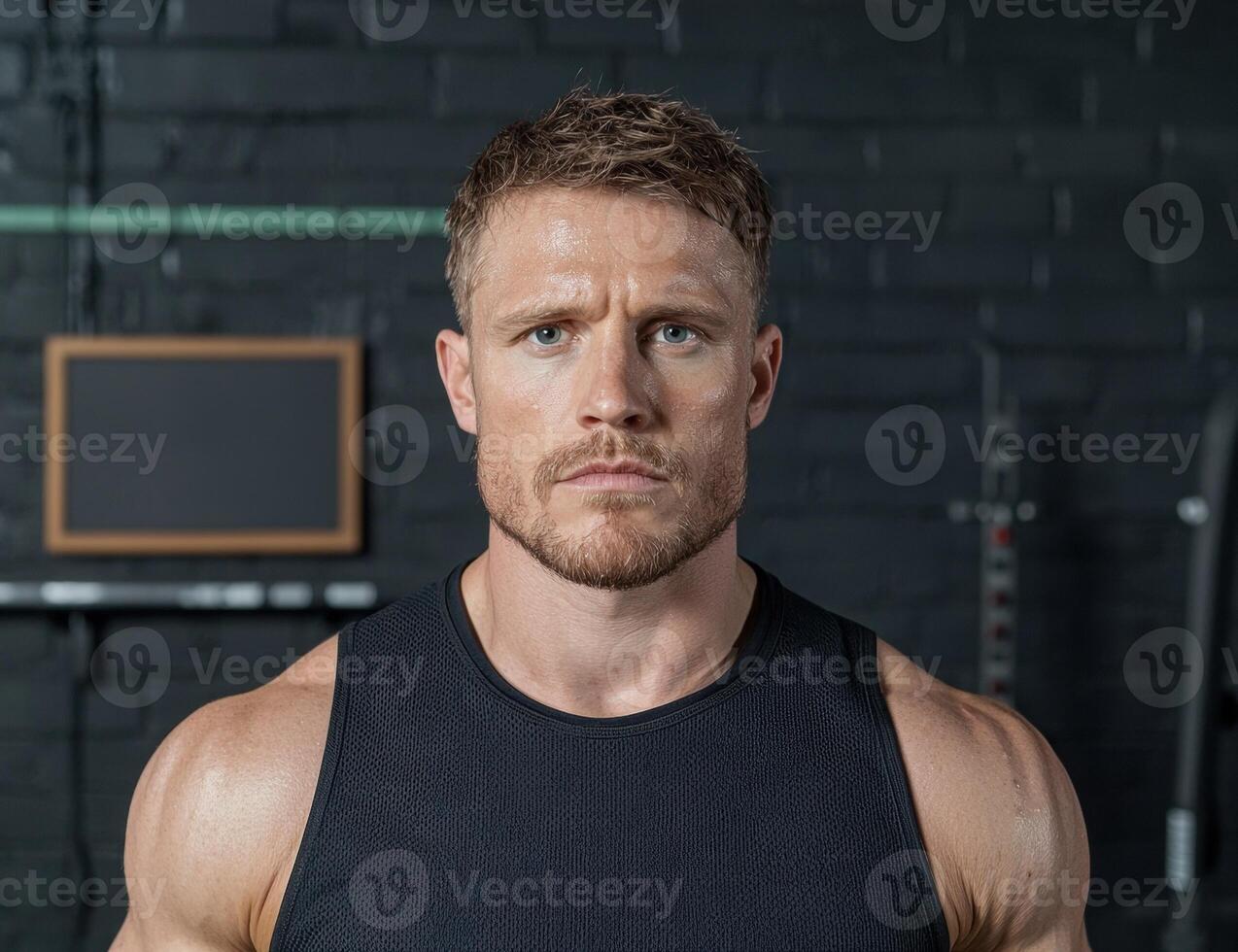 A muscular man in a tank top looking at the camera photo