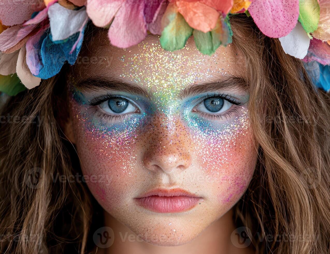 A girl with glitter makeup and a flower crown photo