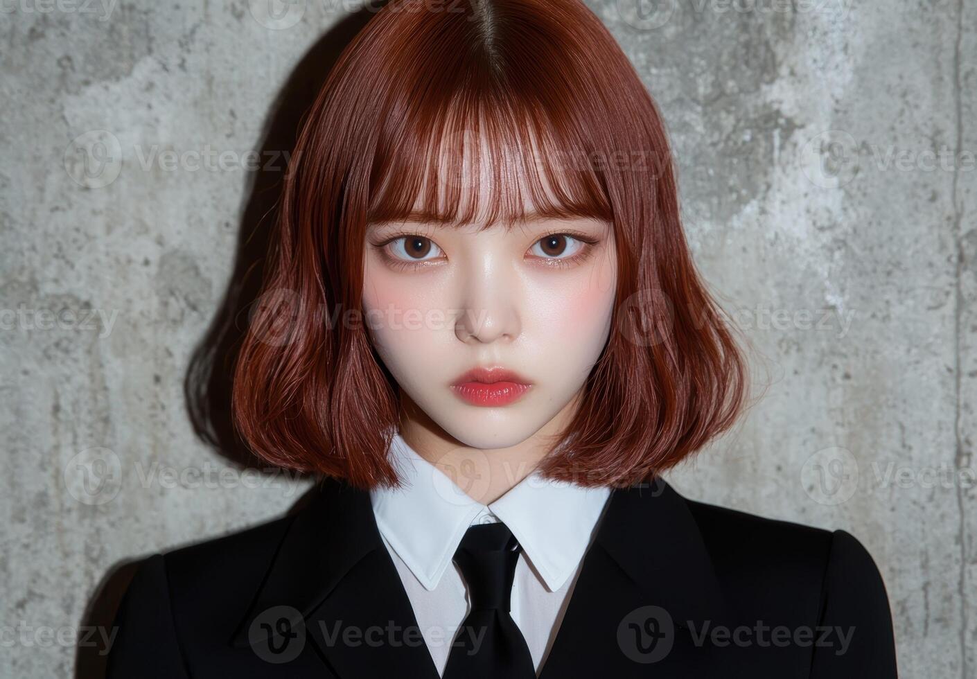 A portrait of a young woman with short red hair and a black suit photo