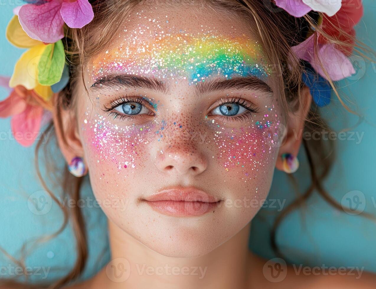 Young woman with rainbow glitter makeup and flower crown photo