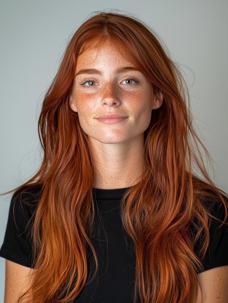 Portrait of a young woman with freckles and red hair. photo