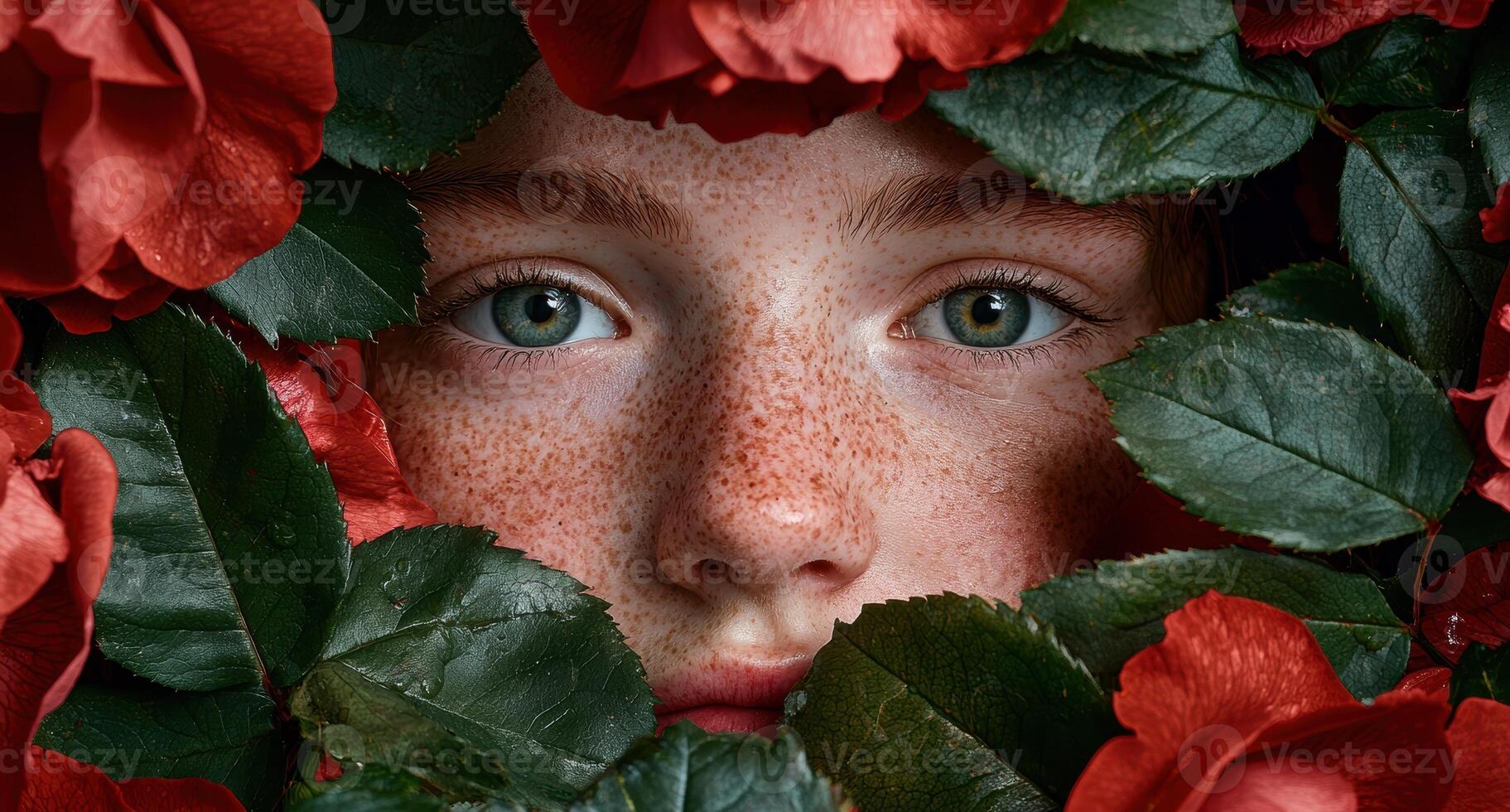 Close up of a freckled face surrounded by red roses and green leaves photo