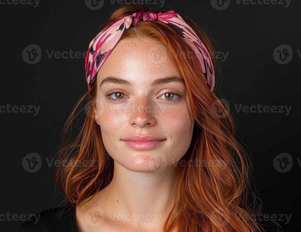 Portrait of a beautiful redhead woman with freckles and a headband photo
