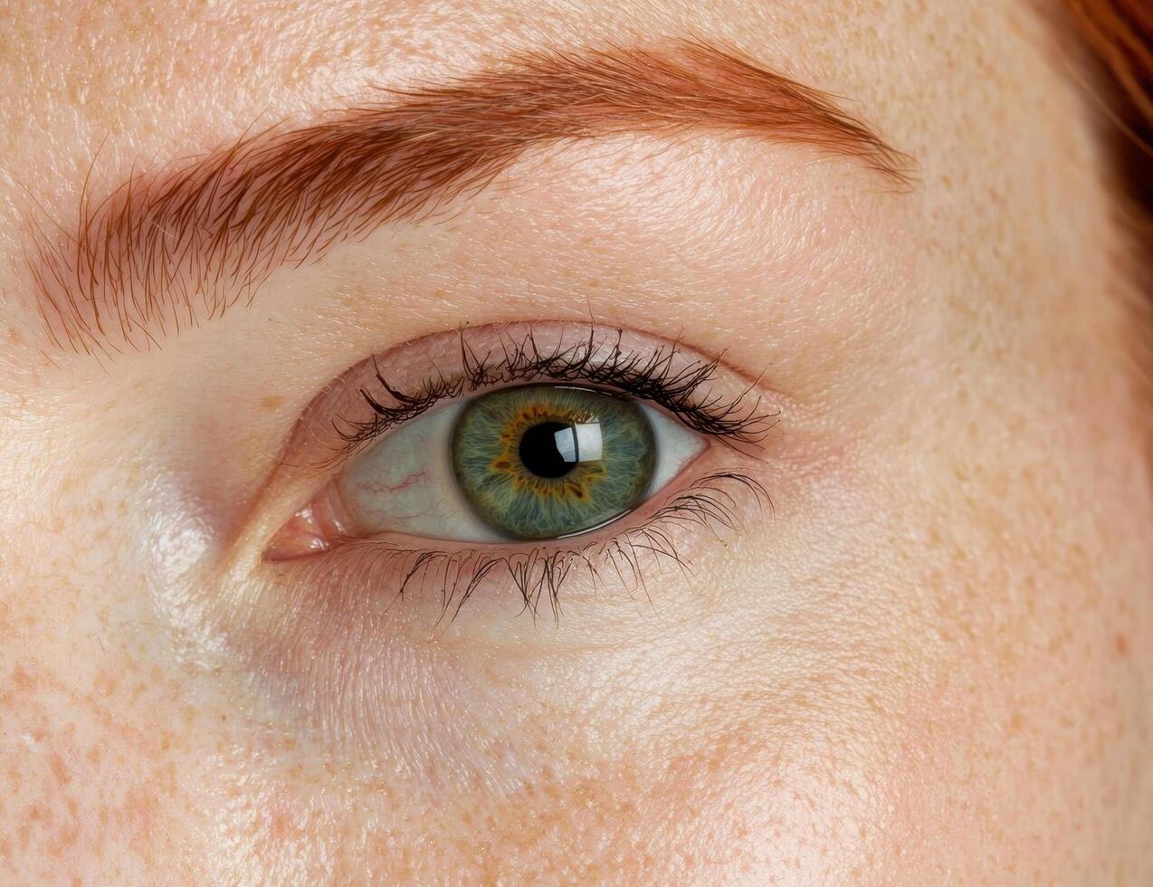 Close up of a green eye with freckled skin. photo
