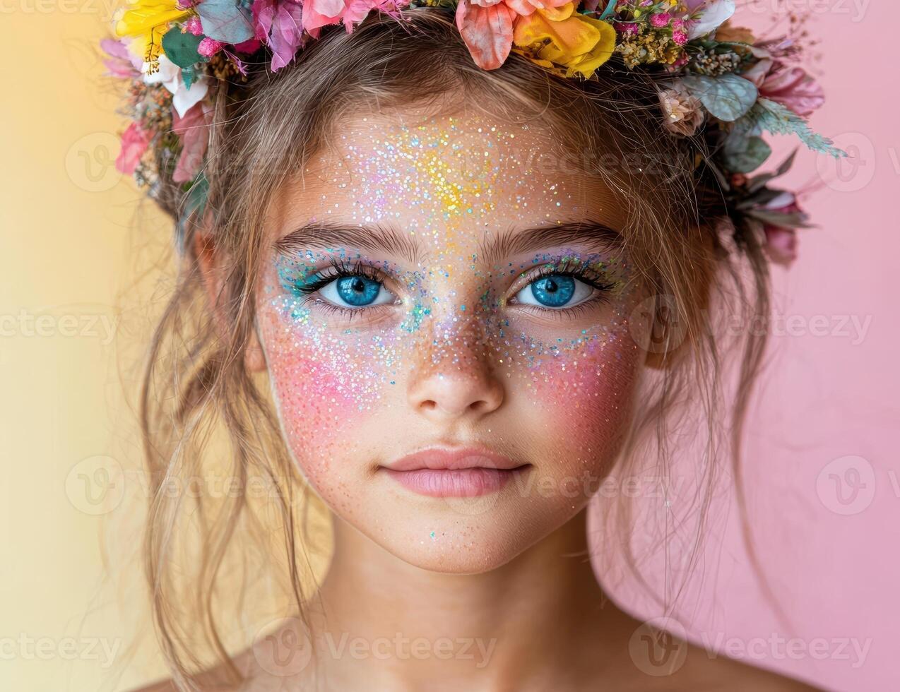 A young girl with glitter makeup and a flowery crown. photo