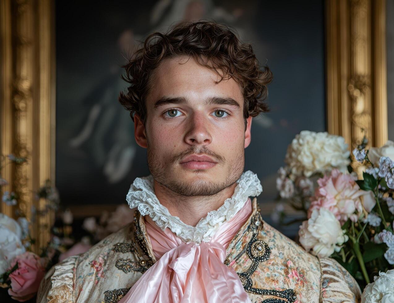 Portrait of a man in historical clothing with floral decorations photo