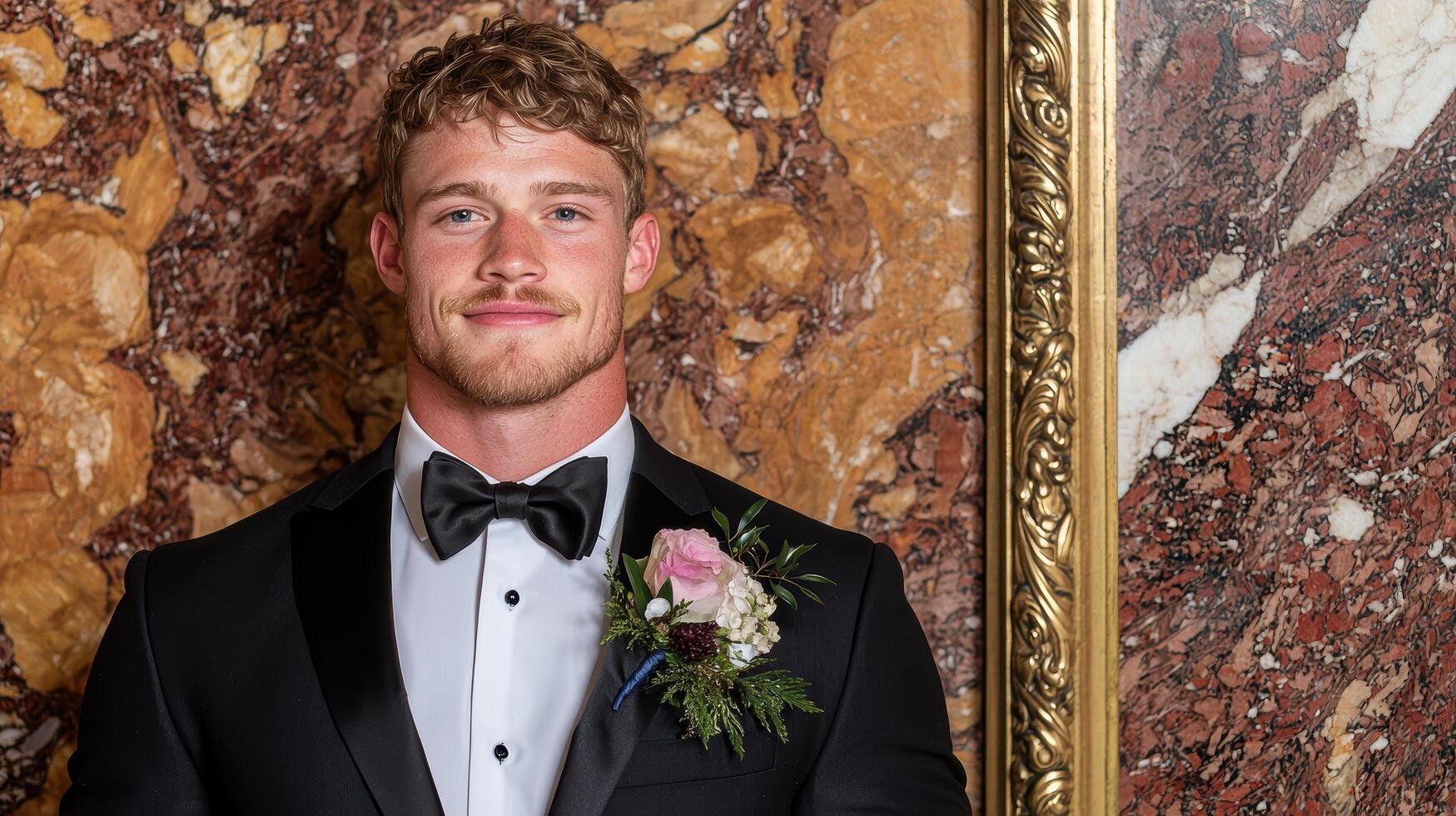 Man in a tuxedo with a boutonniere poses in front of a marble wall photo