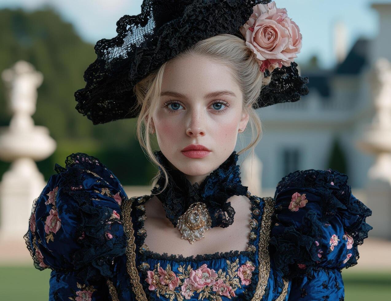 A woman in a historical dress with a black lace hat and pink rose photo